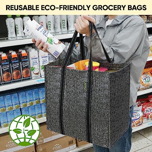 BALEINE 4 PK Grocery Bags Reusable Shopping Bags with Reinforced Bottom, Heavy Duty Foldable Tote Bags (Grey)
