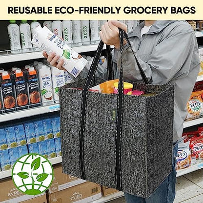 BALEINE 4 PK Grocery Bags Reusable Shopping Bags with Reinforced Bottom, Heavy Duty Foldable Tote Bags (Grey)