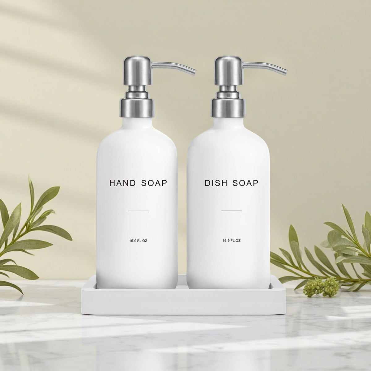 White Soap Dispenser for Kitchen Sink, Dish and Hand Soap Dispenser with Silver Stainless Steel Pump, Perfect for Kitchen Decor and Accessories. (Silver & White)
