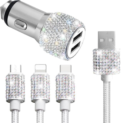 Bling Dual USB Car Charger with 3-in-1 Multi Fast Charging Cable, Dual Port Charger Adapter with Type C Micro USB Cord for iPhone, Android, Rhinestones Car Interior Accessories for Women(White)