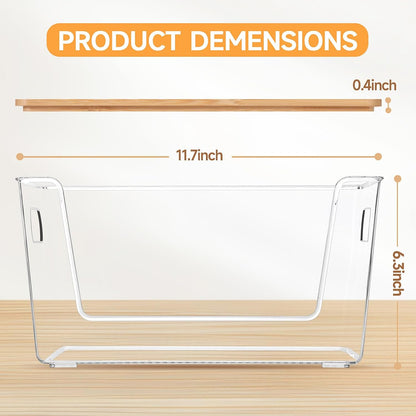 4 Set Pantry Organizer and Storage, Stackable Trash Bag Dispenser Clear Acrylic Kitchen Counter Pantry Baskets for Potato, Onion, Produce, Fruit, Vegetable, Snack, Trash Bag Holder with Bamboo Top