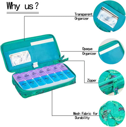 Weekly 7 Day Pill Organizer Case 2 Times a Day (AM/PM), Large Portable Pill Box 7 Day for Vitamin Medicine, Pill Case with Quilted Fabric Zipper Cute Bag for Travel or Daily