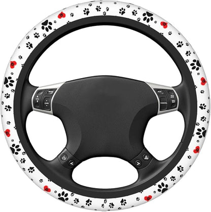 Dog Paws Print Steering Wheel Cover Women Men Elastic Stretch Soft Car Wheel Protector Universal Breathable No-Slip Car Accessories for Truck Van SUV Auto Fit 14-15 Inches