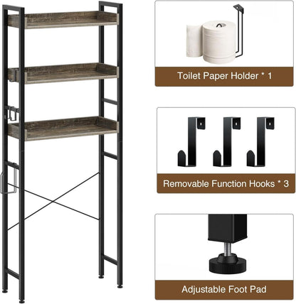 Rolanstar Over The Toilet Storage Rack, 3-Tier Bathroom Space Saver with Adjustable Shelves, Bathroom Organizer for Bathroom, Washroom, Gray
