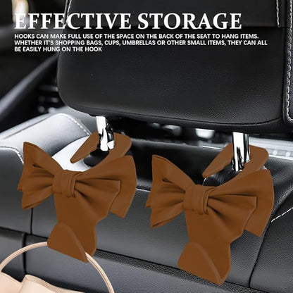 2PCS Car Purse Hooks, Car Hooks for Purses and Bags Cute, Cute Bow Shaped Vehicle Backseat Storage Hanger, Auto Leather Bow Back Seat Storage Hanging Holder Universal for Women Girls (Brown)