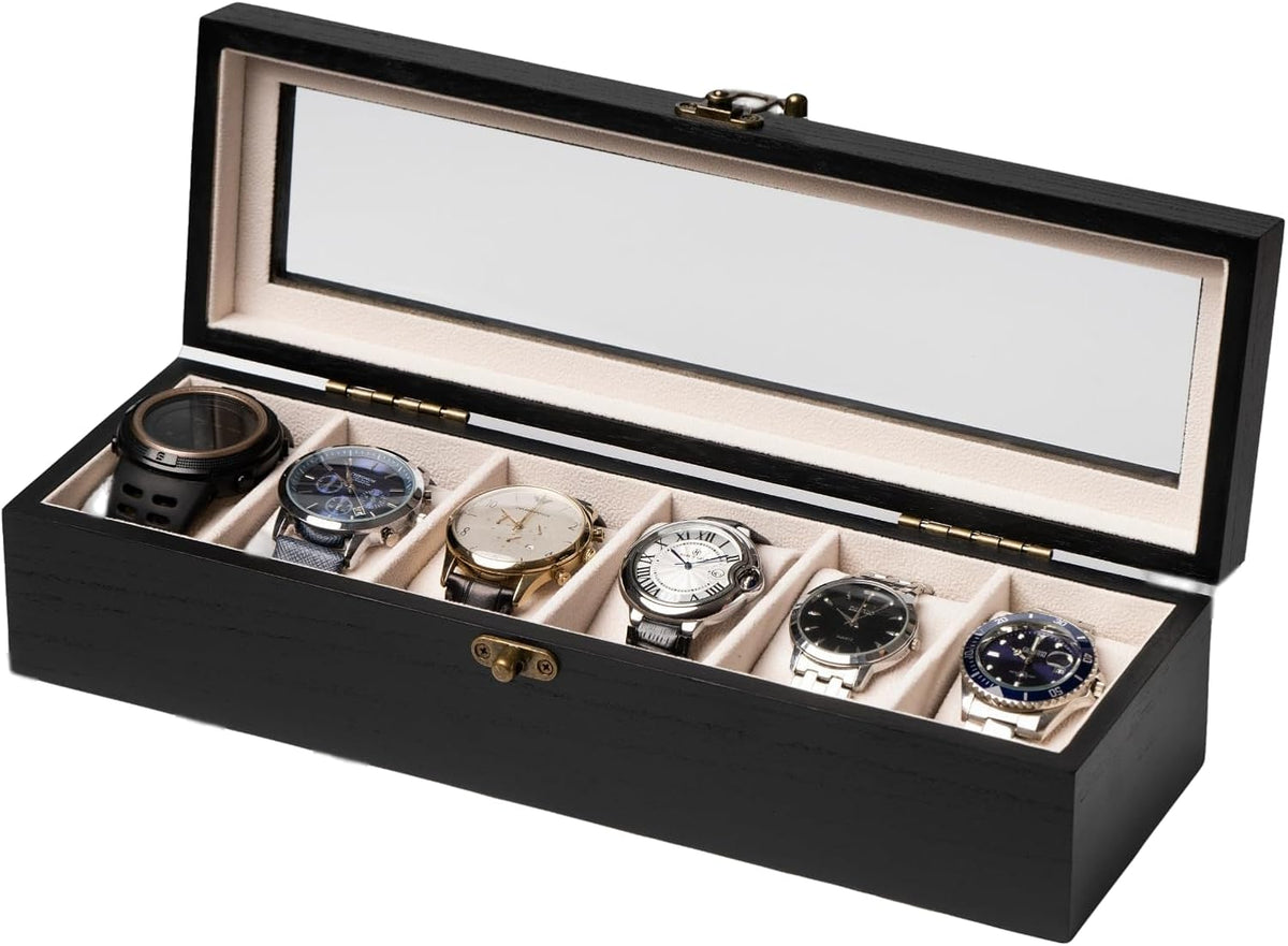 Watch Box, Watch Case for Men Women with Large Glass Lid, Wooden Watch Display Storage Box with 6 - Slots, Charcoal Black Mens Watch Box Organizer