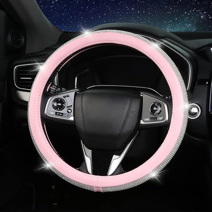 Steering Wheel Cover Women Pink Bling Diamond Steering Wheel Cover, Leather Cute Steering Wheel Covers with Crystal Rhinestones, Breathable, Anti-Slip Universal Fit 14.5-15 Inch Bling Car Accessories
