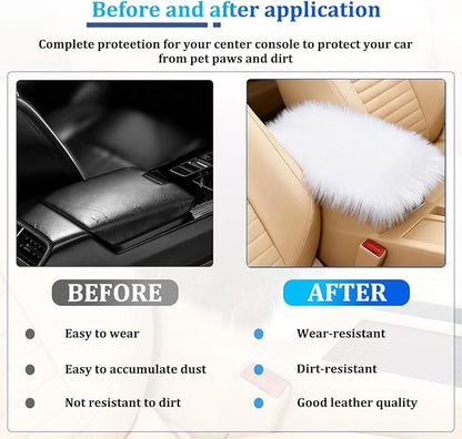 Car Center Console Cover, Fluffy Soft Vehicle Middle Console Arm Rest Cushion Pad, Furry Automotive Interior Armrest Seat Box Protector Decoration Accessories, Universal Fit (White)