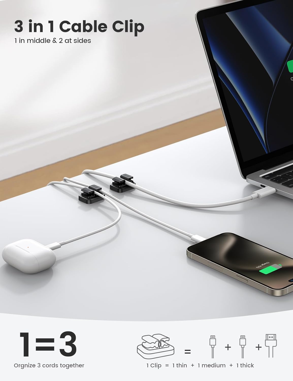 Lamicall Cord Organizer Spring Clip Holder - [1 Small Clip Hold 3 Cords] Desk Cable Management Holder, Adhesive Phone Charger Wire Keeper for Nightstand Office Car, Desk Accessories, 3Pcs