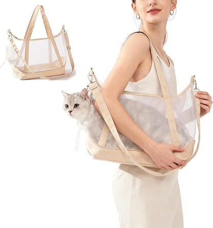 Vinqki Visible Comfort Cat Sling Carrier for Small Cats 3-8lb,Mesh Dog Sling for Small Dogs and Cats-Light & Breathable Cat Carrier Pouch,Soft Puppy Purse with Adjustable Shoulder Strap(Beige)