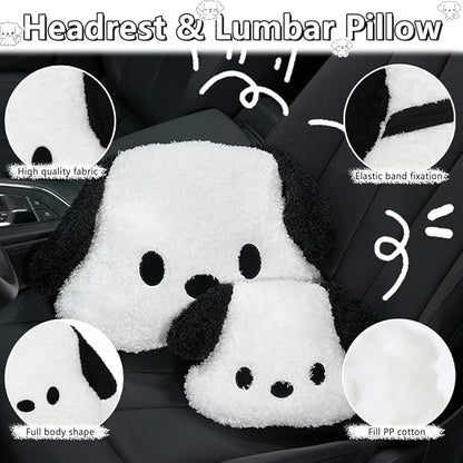 Set of 8 Car Headrest & Lumbar Support & Seat Cushion & Back Support Pillow Cute Black & White Dog Pattern Car Seat Pillow Comfortable & Durable Car Accessories Pillow for Long Sitting