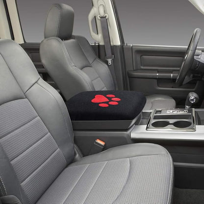 Center Console Armrest Pad Cover for Dodge Ram 1500 2500 3500 4500 5500 Pickup Truck 1993-2023 Black Soft Car Armrest Seat Box Protector Cushion Interior Accessories All Weather (Red Dog Paw)
