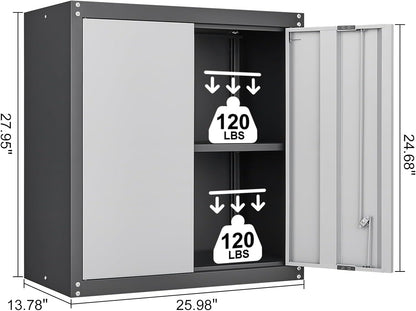 LUCYPAL Garage Wall Cabinet,Metal Wall Storage Cabinet with Adjustable Shelf and Locking Doors,Floating Utility Cabinets for Warehouse/Basement/Kitchen (Black&Grey,27.95" H)