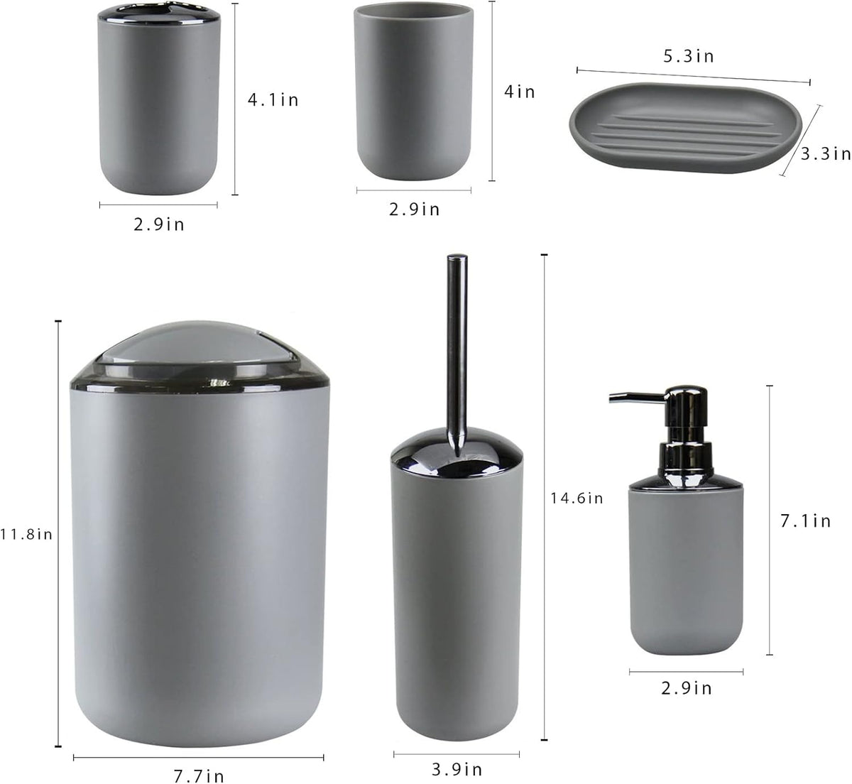 IMAVO Bathroom Accessories Set,Grey Bathroom Set,7 Pieces Bathroom Accessory Set,Tray,Toilet Brush,Trash Can for Bathroom Décor and Housewarming Gifts