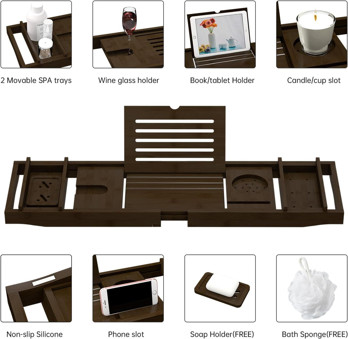 Bamboo Bathtub Tray for Luxury Bathroom, Expandable Premium Bath Tray w/Soap Towel Book Holder, Adjustable Bath Accessories for Tub,Extendable Tub Tray w/Wine Glass Cup Organizer 29.5-43.3" Espresso