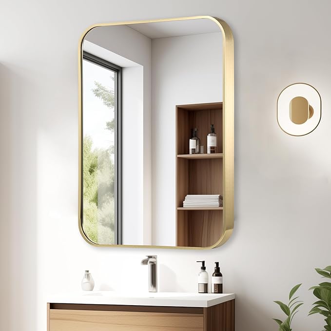 22x30 Inch Gold Bathroom Mirror, Brushed Gold Metal Framed Rectangular Mirror