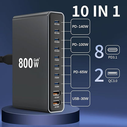 800W GaN3 10-Port USB-C Charging Station
