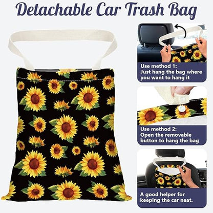 Sunflower Print Car Trash Bag Hanging Garbage Bag with Snap Buttons Car-Back Seat Trash Storage Portable Dustbin for Car Interior Accessories Travel Camping