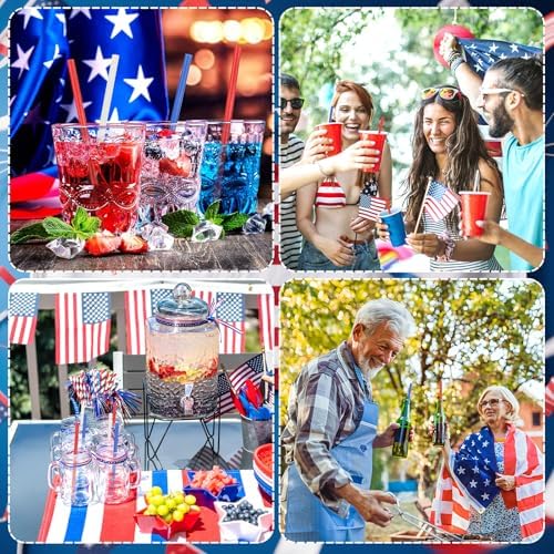 JANYUN 30 Pieces Patriotic Plastic Straws, Red White Blue Star Straws