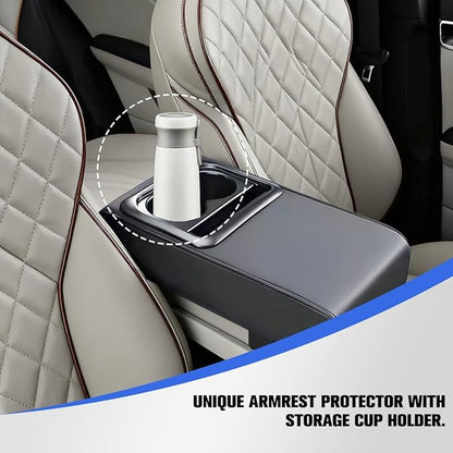 Car Center Console Armrest Pillow, Vehicle Armrest Seat Box Cushion Pad with Cup Holder & Phone Holder, Comfortable Auto Middle Console Cover, Universal for SUV RV Truck (Gray)