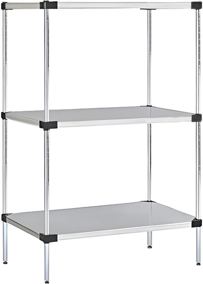 Omega Solid Stainless Steel Shelves, 18" Deep x 30" Wide x 34" High 3 Tier Heavy Duty Solid Shelving Unit for Kitchen Garage Office Restaurant Warehouse 800-lb Per Shelf Weight Capacity