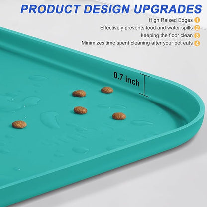 SMILOOL Silicone Pet Feeding Mat with Raised Edge for Food and Water, Dog Bowl Mats, Cat Bowls Placemat with High Lip for Floor Waterproof, Rubber Tray for Cats and Dogs 19 x 12 x0.7 Dark Turquoise