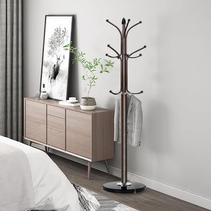 Kertnic Metal Coat Rack Stand with Natural Marble Base, Free Standing Hall Tree with 12 Hooks for Hanging Scarf, Bag, Jacket, Home Entry-way Hat Hanger Organizer (Bronze)
