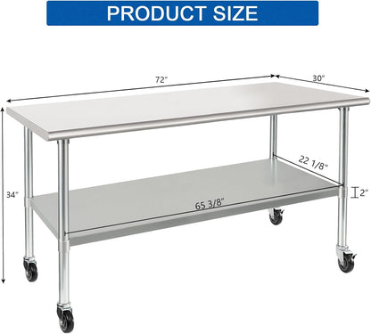 HARDURA Stainless Steel Table with Wheels 30 x 72 Inches Casters NSF Heavy Duty Commercial Prep Table with Undershelf and Galvanized Legs for Food Prep