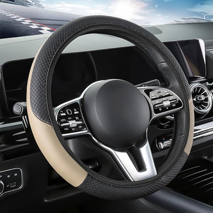 Car Steering Wheel Cover, Elastic Stretch Leather Non-Slip Vehicle Steering Wheel Guard, Automotive Interior Protective Decor Accessories, Universal for SUV RV Truck (Beige)