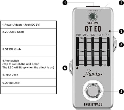 Rowin Guitar Equalize Effect Pedal EQ Add or Take Away Specific Bands Tune
