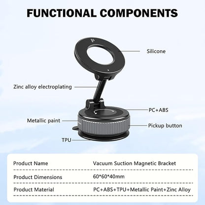 Vacuum Magnetic Phone Holder with Sticky Gel Base, 360° Foldable Suction Cup Phone Mount for Textured Dashboard Windshield, Strong Magnetic Car Mount for iPhone MagSafe & Android Phones(Black)