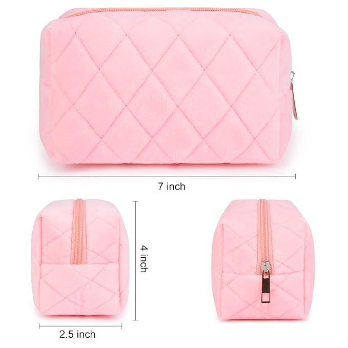 SOIDRAM 2 Pieces Makeup Bag Checkered Cosmetic Bag Plush Pink White Makeup Pouch Travel Toiletry Bag Organizer Cute Makeup Brushes Storage Bag for Women