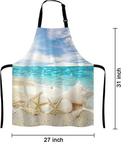 Caribbean Samana Beach Adjustable Bib Apron, Starfish Sea Shells Cooking Kitchen Apron for Men Women