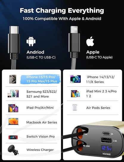 【Upgraded】 SUPERONE Retractable Car Charger 4 in 1, Fast Car Phone Charger with Cord 2.6ft, USB C and Apple Car Charger Adapter, Compatible with iPhone 17/16/15/15 Pro Max/14/13/12/11, Galaxy, Pixel