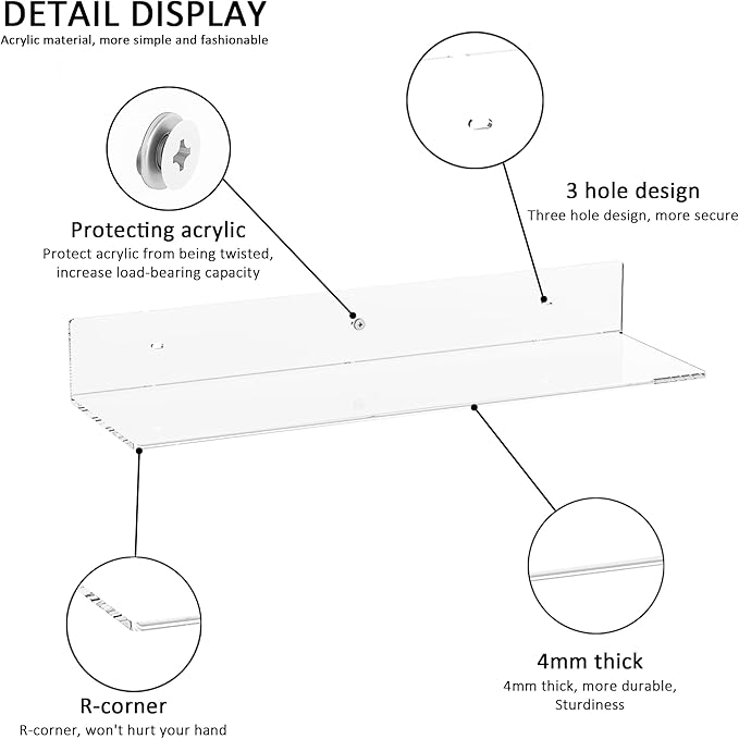 20 Inch Clear Wall Shelves for Wall, Wall Mounted Acrylic Floating Shelf for
