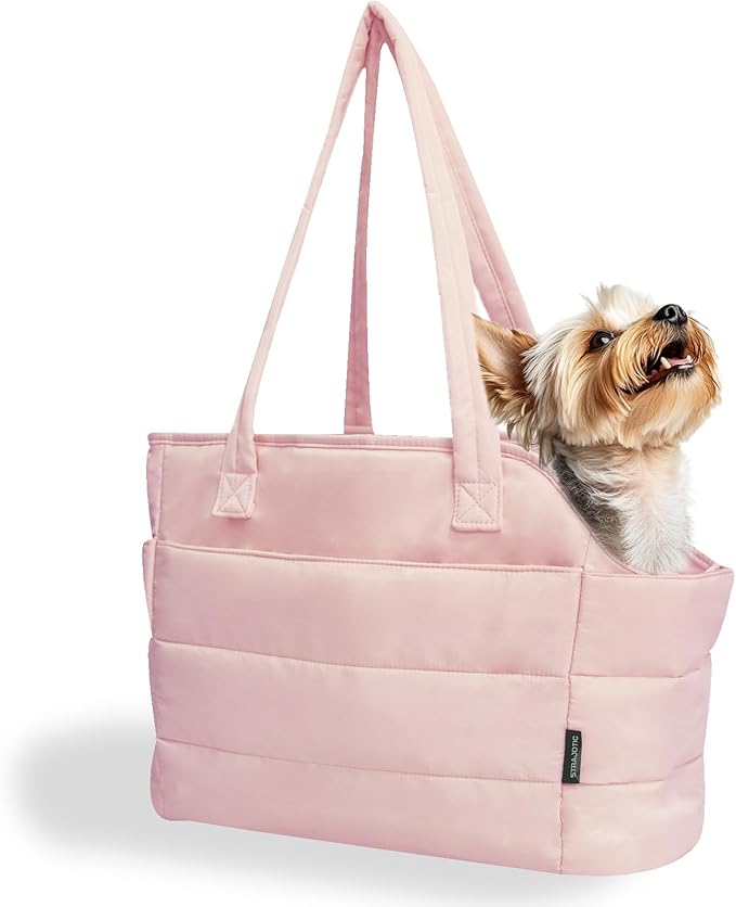 STRAODTIC Lightweight Dog Purse Carrier for Small Dogs Under 15 lbs, Puffy Quilted Pet Carrier Tote for Puppies with Safety Leash Clip, Women's Hands-Free Dog Carrier Bag for Travel/Shopping (Pink)