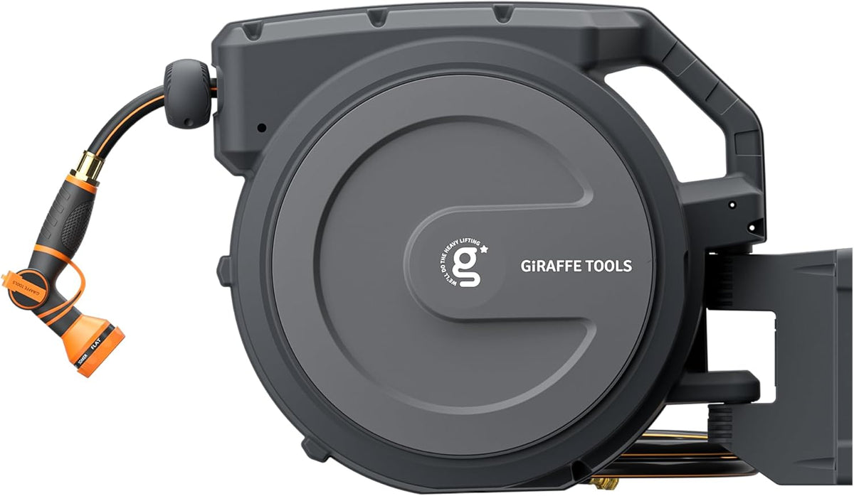 Giraffe Tools Retractable Garden Hose Reel 5/8 inch x 90 ft Hose Reels for Outside, Wall Mounted Water Hose Reel with 180 Deg Swivel Bracket, Any Length Lock, 9 Pattern Hose Nozzle