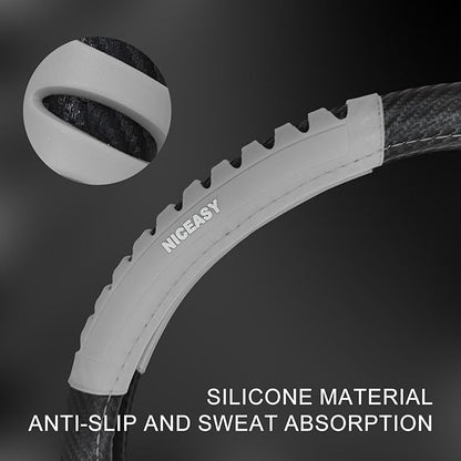 Sport Style Black Carbon-Fiber Steering Wheel Cover with Grey Grip Steering Wheel Accessory,Universal Fit 14.75-15 inch Steering Wheel