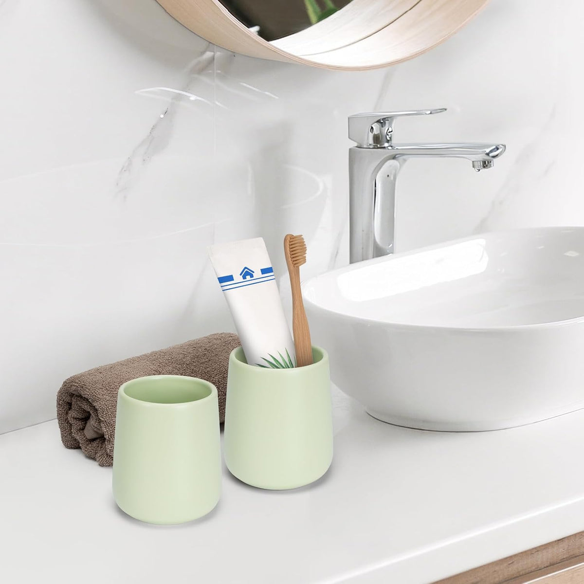 Bathroom Tumbler Cup Ceramic 13.5oz Reusable Toothbrush Cup 400ml,Toothbrush Holder Adequate for Your Bathroom (Green)