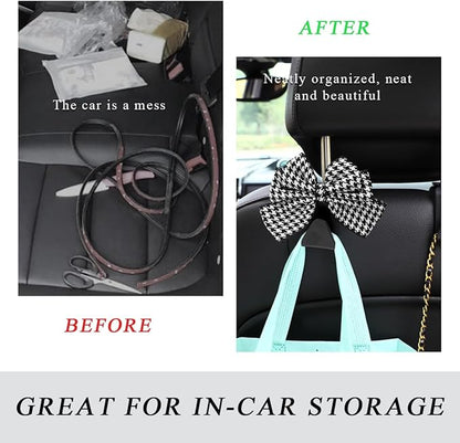 2 PCS Car Seat Headrest Hooks, Cute Bow Shaped Vehicle Backseat Storage Hooks, Leather Bow Shaped Sturdy Car Seat Back Hooks for Purses/Coats/Umbrellas, Car Accessories (Houndstooth)