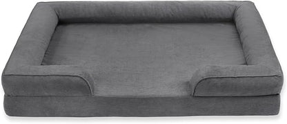 Gray Corduroy Orthopedic Dog Bed with Bolster – Memory Foam, Washable Removable Cover, Non-Slip Bottom (Small)