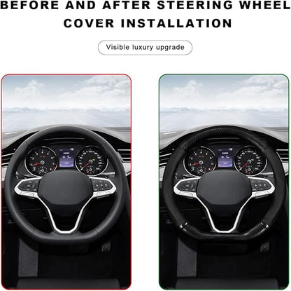 Car Breathable Steering Wheel Cover, Carbon Fiber Wear-Resistant D Shape Steering Wheel Protector for Comfy Grip, Universal Non-Slip Leather Wheel Sleeve for Most Car SUV Truck (Black)