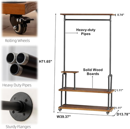 Industrial Clothing Rack, Pipe Style Rolling Garment Rack, Heavy Duty Steampunk Clothes Rack, Hall Tree on Wheels with Shelf and Shoes Storage for Home, Retail Store, Rustic Wood