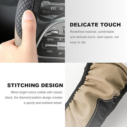 Car Steering Wheel Cover, 15 Inch Carbon Fiber Elastic Vehicle Steering Wheel Protector, Breathable Leather Auto Wheel Covers for Women Men, Interior Car Accessories (Beige, AD)