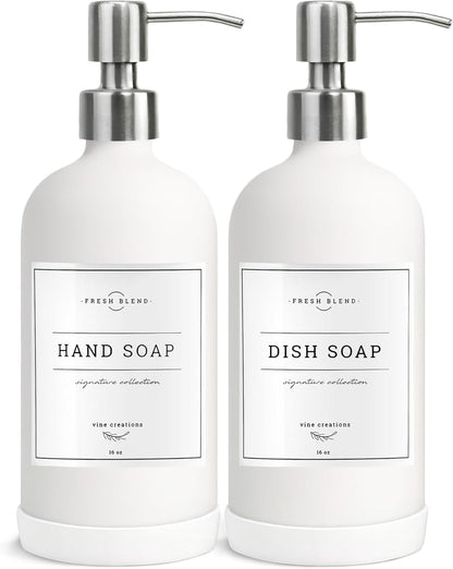Vine Creations White Glass Soap Dispenser, 2 Pack Kitchen Soap Dispenser Set with Stainless Steel Pump, 16 oz Dish Soap and Hand Soap Dispensers for Bathroom with Waterproof Labels