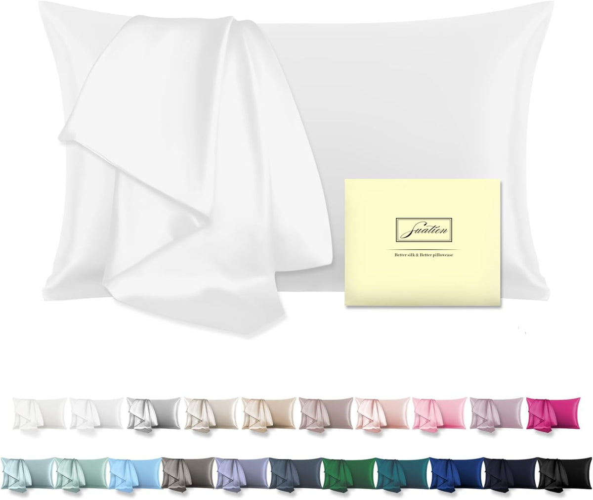 SUATIEN Mulberry Silk Pillow Cases Standard Size Silk Pillowcase for Hair and Skin with Zipper Soft Breathable Smooth Cooling Silk Pillow Case for Sleeping,Gifts for Women (White,20"X 26",1Pcs)