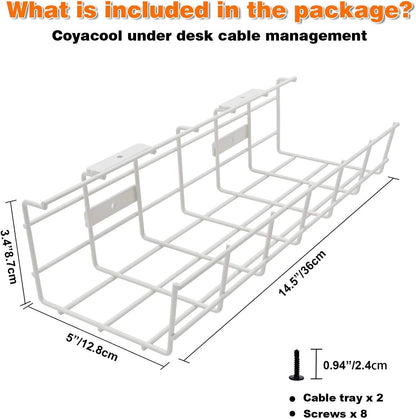 Under Desk Cable Management- 4 Pack Cord Organizer. Metal Wire Cable Management Tray for Office, Studio and Home. Super Sturdy Under Table Cable Managements - White Cable Organizer