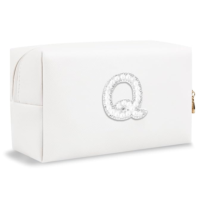 Bride Gifts – Personalized Initial Makeup Bag with Pearl Rhinestone Patch, Preppy White Monogram Cosmetic/Toiletry Pouch, bridesmaid Gifts, Bridal Shower Gifts, Wedding Gifts, Bridal Gifts,Q