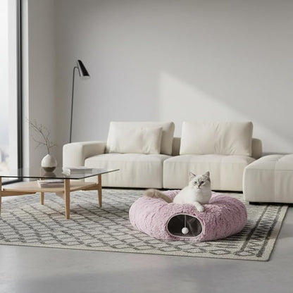 AUOON Plush Cat Tunnel Bed for Indoor Cats, 36"L x 36"W x 11.5"H, Rosiness | 2 in-1 Interactive Cat Toy, with Hanging Ball Toy, Machine Washable Center Pad, for Kitten Puppy Rabbit Ferret