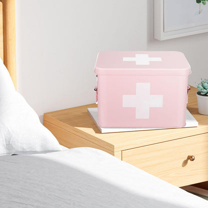 Flexzion First Aid Box Organizer, Empty 8.5 Inch Pink Vintage First Aid Kit Tin Metal Medical Box First Aid Storage Box Container Bins with Dividers, Removable Tray and Cross Logo